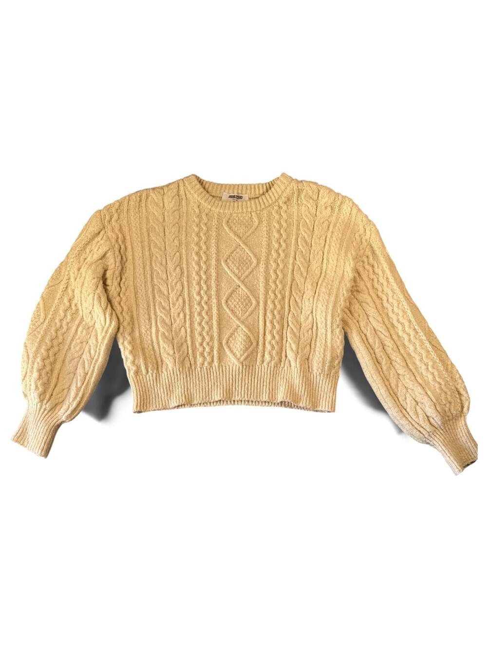Double Zero Cable Knit Cropped Crewneck Sweater Ivory Cream Small